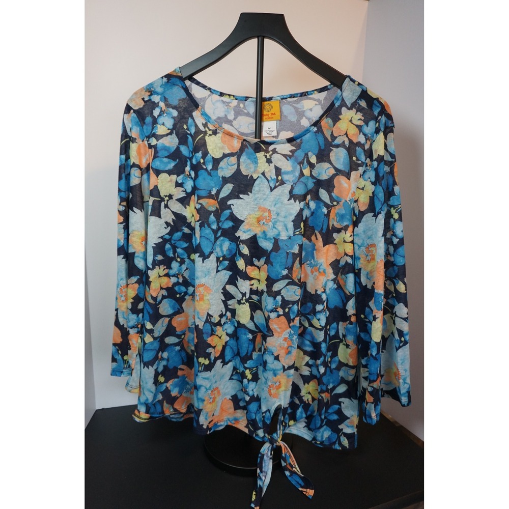 Ruby Rd. Woman Blue Floral Tie Front 3/4 Sleeve Top 1X 65652 E8